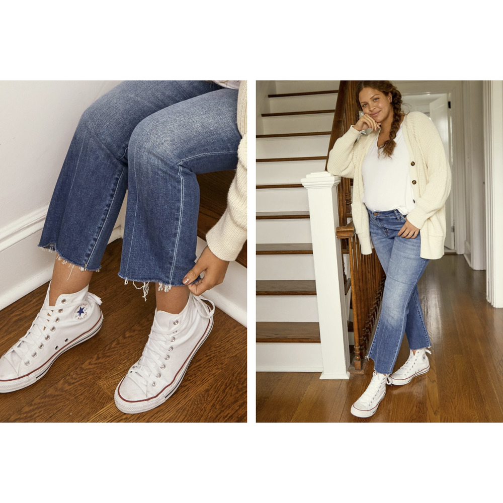 Hatch The Crop Maternity Jean in "Indigo" medium wash raw hem jeans size 25